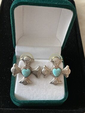 Turquoise Heart Cross Stud Earrings - Silver Tone